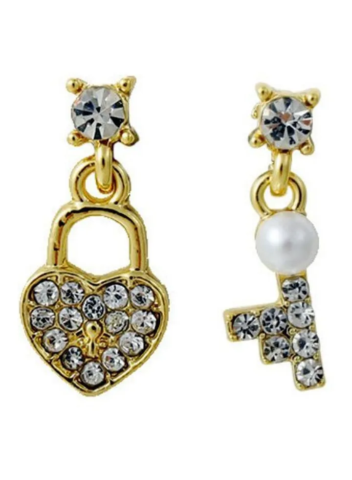 Rhinestone Studded Love Lock And Key Design Dangle Earrings