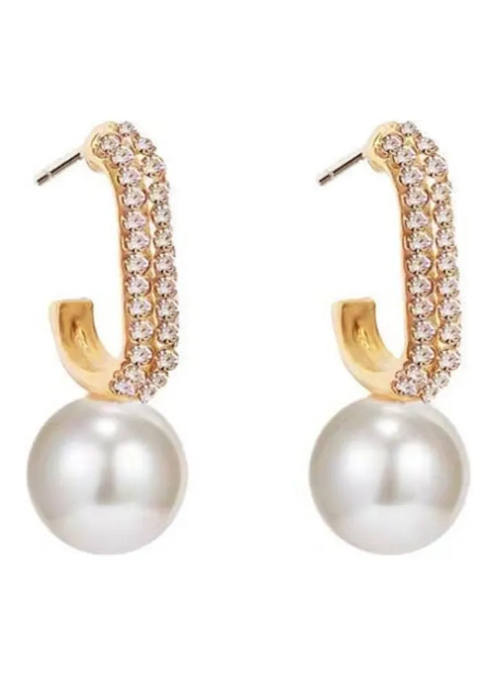 925 Sterling Silver Full Rhinestone C-Shaped Pearl Retro Stud Earrings
