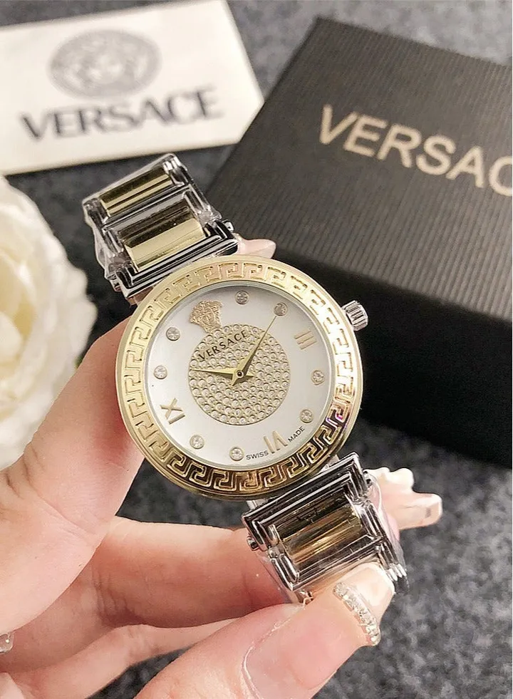 Versace Women's Classic Fashion Cubic Zirconia Quartz Watch with Gold Stainless Steel Band Gift 32mm