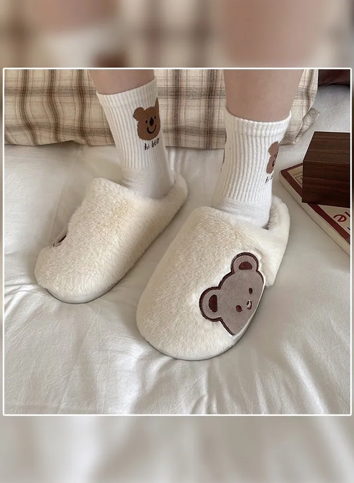 Lovely Bear Design Female Cotton Slippers Autumn And Winter Home Indoor Non-Slip Thick Comfot Soft Bottom Warm Bedroom for Women White