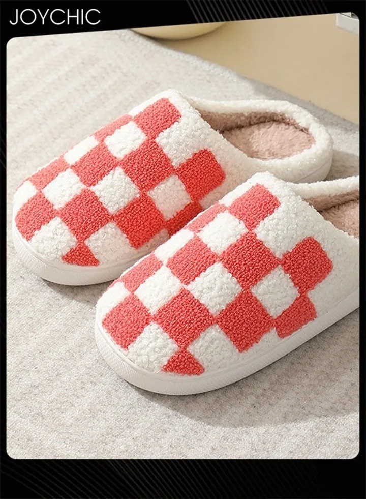Checkerboard Lattice Design Bedroom Slippers for Women Men Couple Plush Fuzzy Cozy House Autumn and Winter Warm Indoor Outdoor Lightweight Soft Flat Slides White+Red
