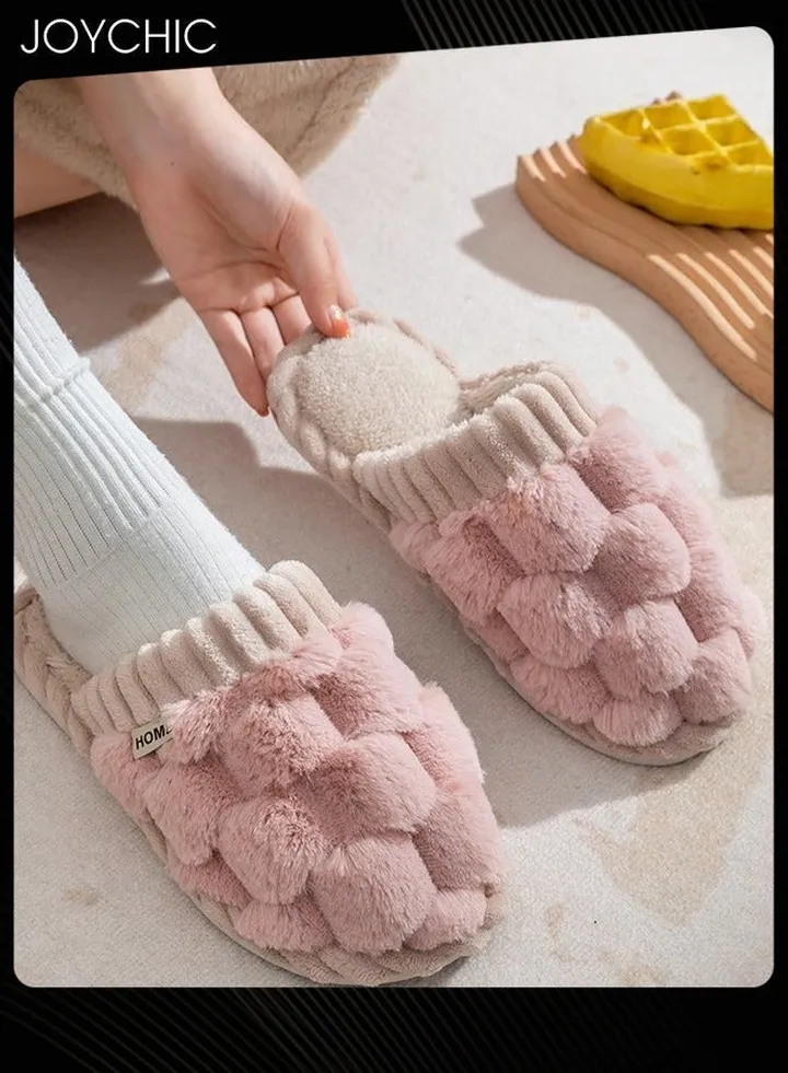 Female Autumn and Winter Home Flat Slippers Cotton Warm Windproof Breathable Anti-slip Bedroom for Women Pink