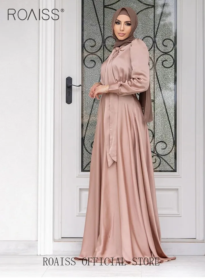 Women's Silk Dress Satin Long-Sleeved Dress Fashion Large Hemline High Waistline Trailing Floor