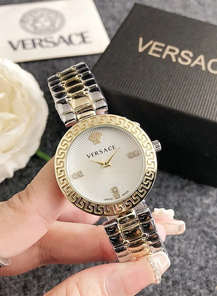 Versace Women's Classic Fashion Cubic Zirconia Quartz Watch with Gold Stainless Steel Band Gift 33mm