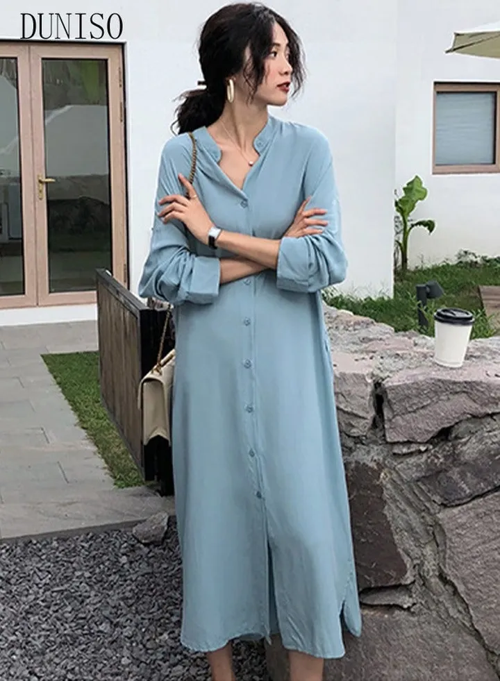 Women Elegant Casual Summer Spring Long Dress Button Down Front Long Sleeve Maxi Dress Long Cardigan Cover Ups Shirt Dresses