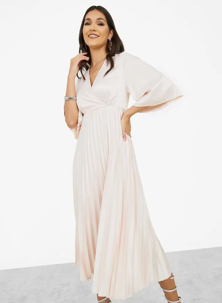 3/4 Sleeve Satin Pleated A-Line Midi Dress