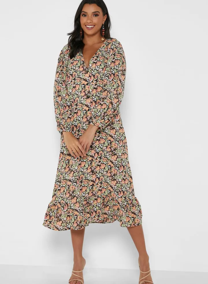 Printed Balloon Sleeve Dress