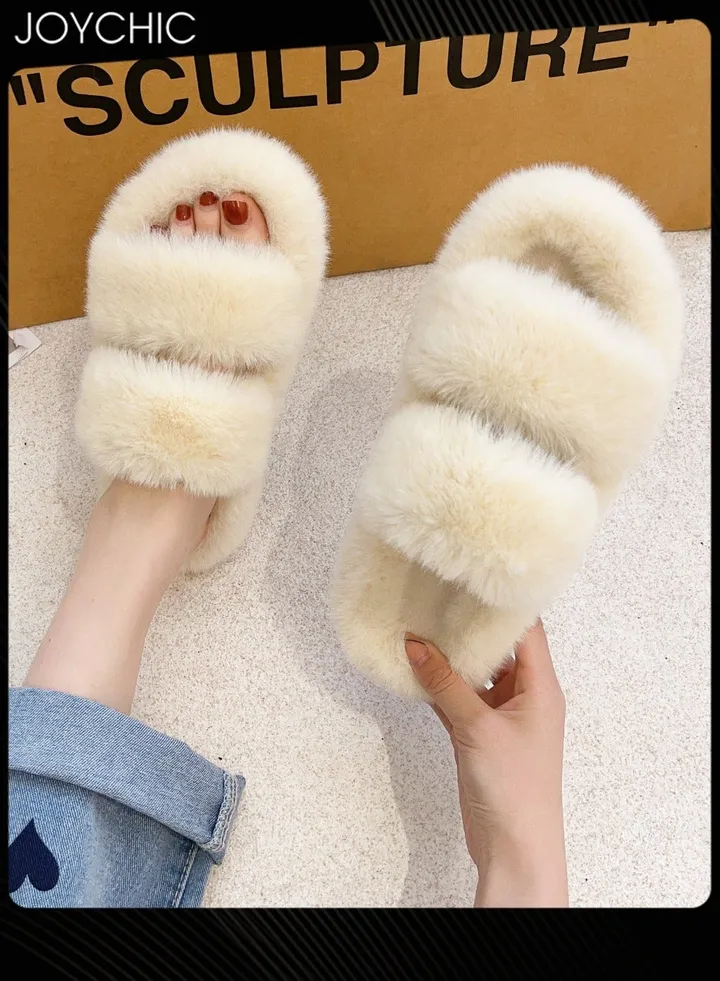 Stylish Women Faux Fur Open Toe Flat Indoor Slippers Autumn and Winter Warm Household Bedroom Comsoft Beige