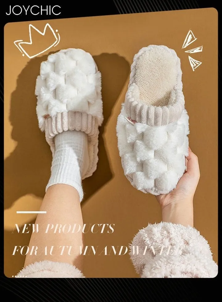 Female Autumn and Winter Home Flat Slippers Cotton Warm Windproof Breathable Anti-slip Bedroom for Women White