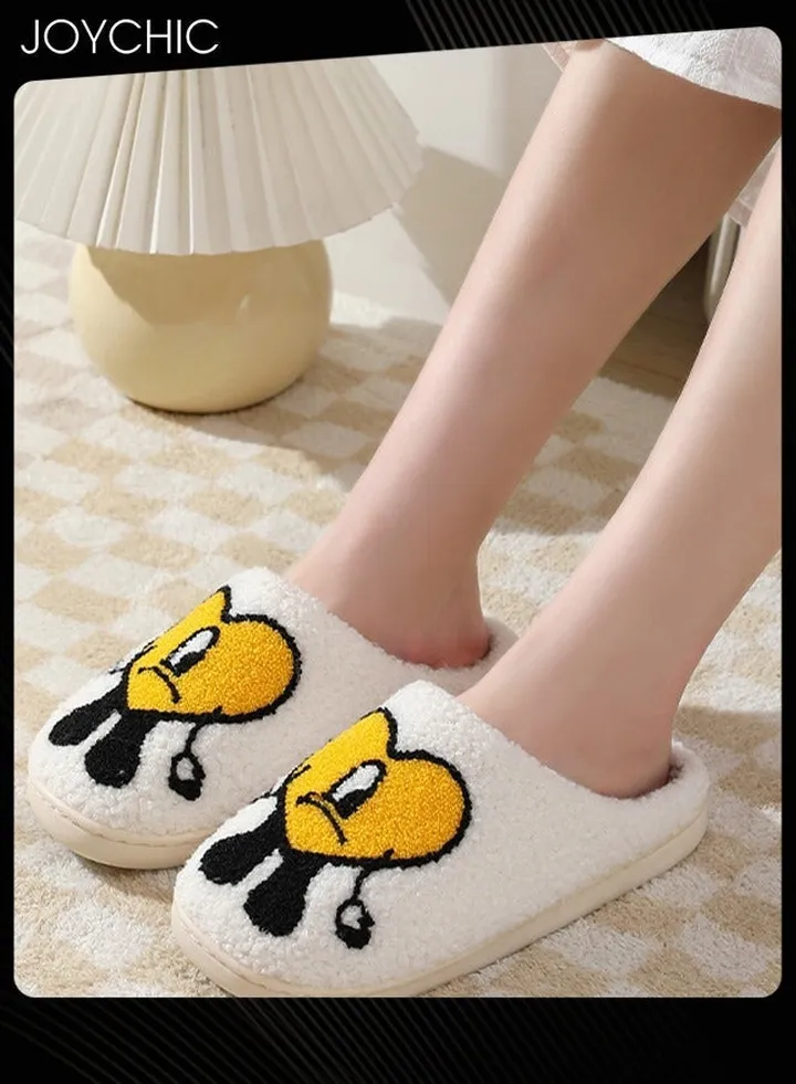 Lovely Cartoon Embroidery Warm Indoor Bedroom Slides Autumn and Winter Women Men Couple Flat Household Slippers with Love Pattern White+Yellow