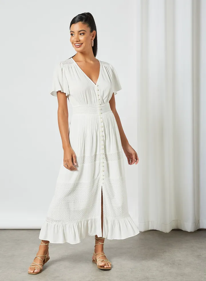 Ruffled Hem Maxi Dress White