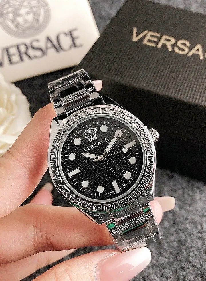 Versace Women's Cubic Zirconia Classic Fashion Versatile Quartz Watch with Silver Stainless Steel Strap and Black dial 34mm
