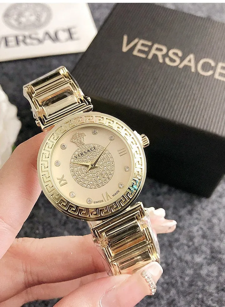 Versace Women's Classic Fashion Cubic Zirconia Quartz Watch with Gold Stainless Steel Band Gift 32mm