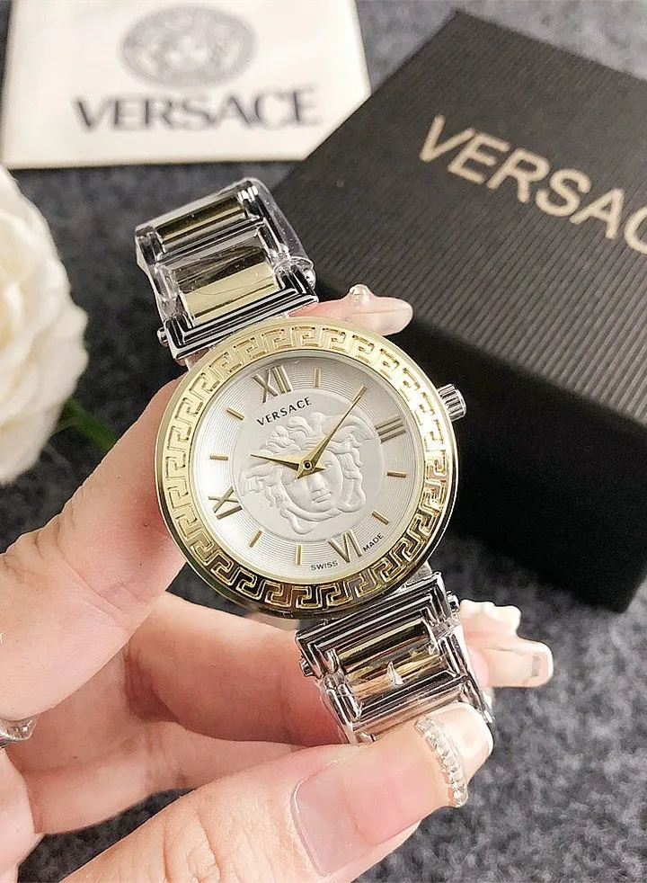 Versace Women's Classic Fashion Cubic Zirconia Quartz Watch with 925 Silver Gold Spliced Stainless Steel Strap 32mm
