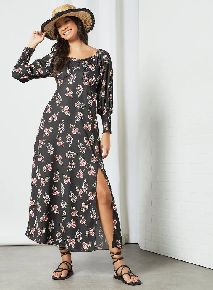 Floral Print Puff Sleeve Dress Black