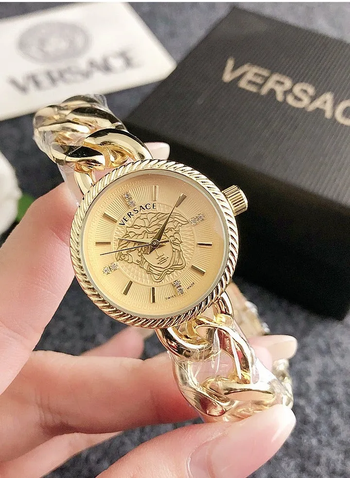 Versace Women's Classic Fashion Cubic Zirconia Quartz Watch with Gold Stainless Steel Chain Strap 28mm