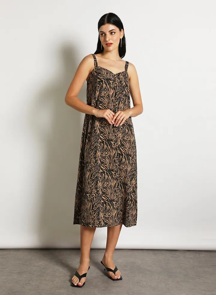 Women'S Casual Midi Sleeveless Allover Printed Long Evening Maxi Dress Black/Brown