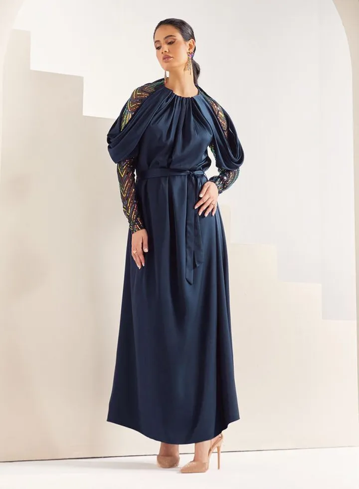 Satin Draped Maxi Dress with Sequin Detail Sleeves