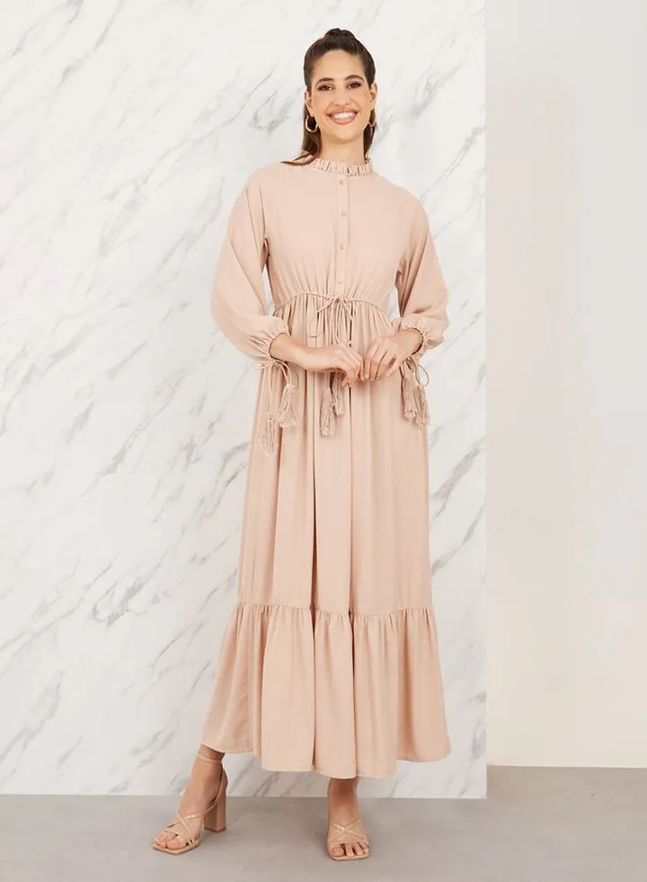 Ruffle Trim High Neck Tie Up Sleeves Elasticated Waist Maxi Dress 
