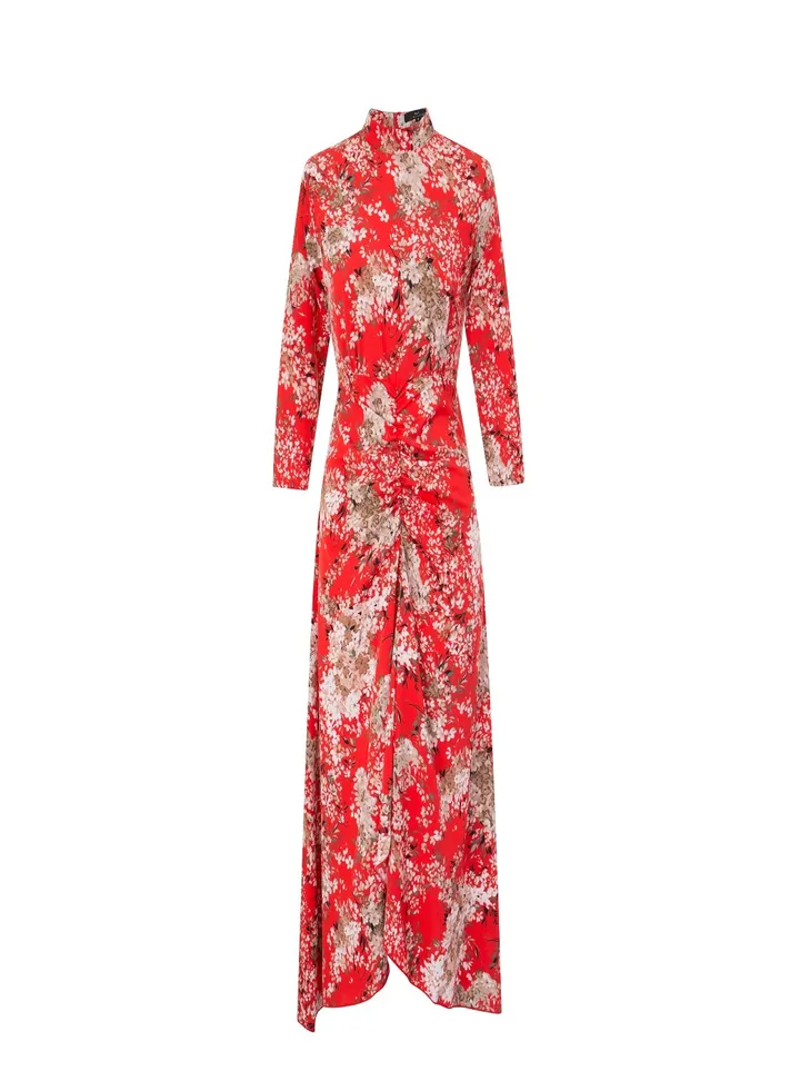 Stand Collar Front Shirring Midi Long Maxi Evening Dress Light Red