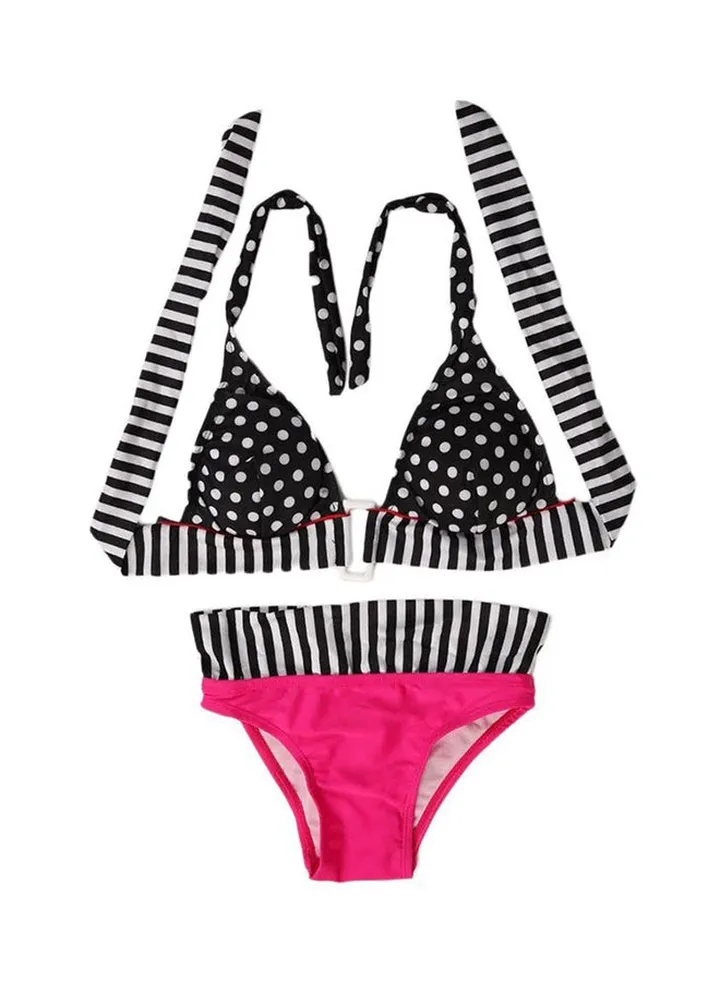 Vintage Fringe Waisted Swimsuit Bikini White/Pink/Black
