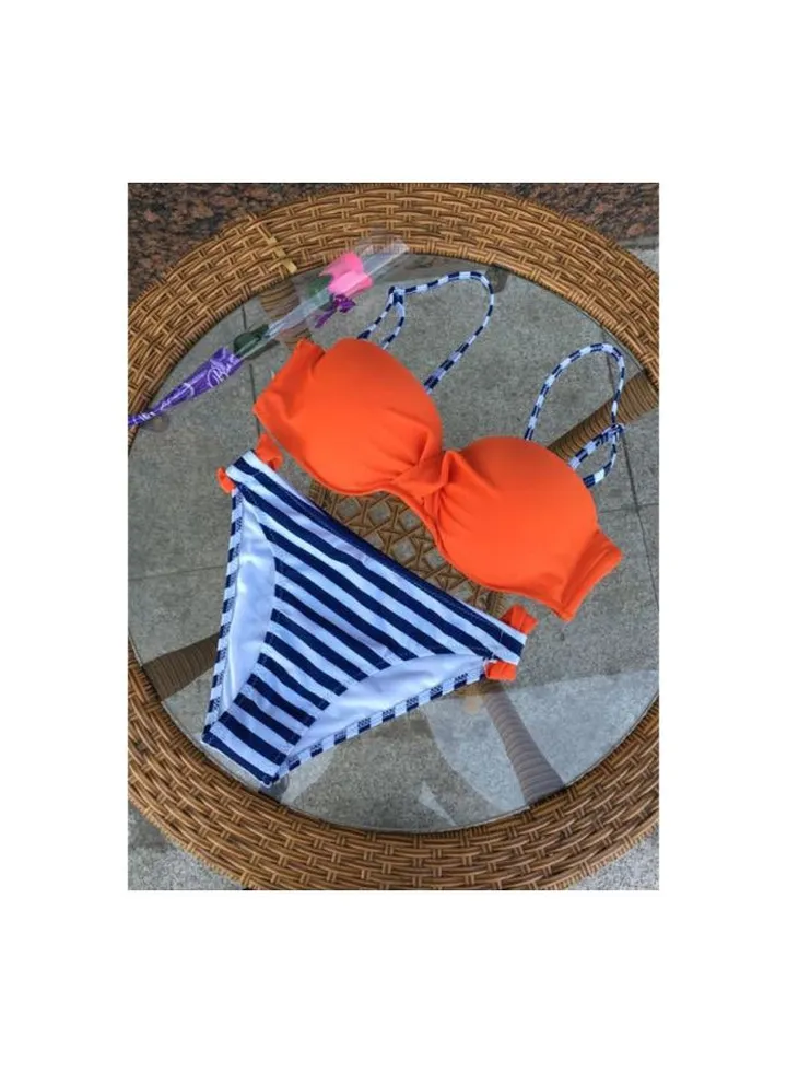 2-Piece Stripes Bikini Set Orange/Blue/White