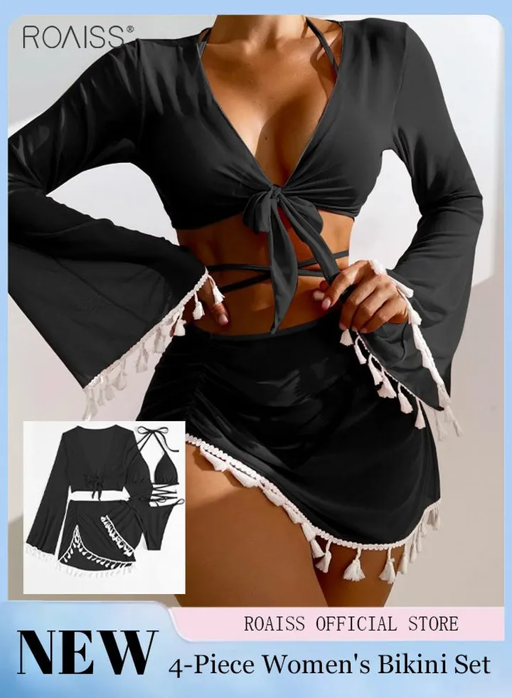 4-Piece Women's Bikini Swimsuit Chiffon Tassel Sun Protection Shirt Split Short Skirt Fine Strap Buckle Design Bra Bikini