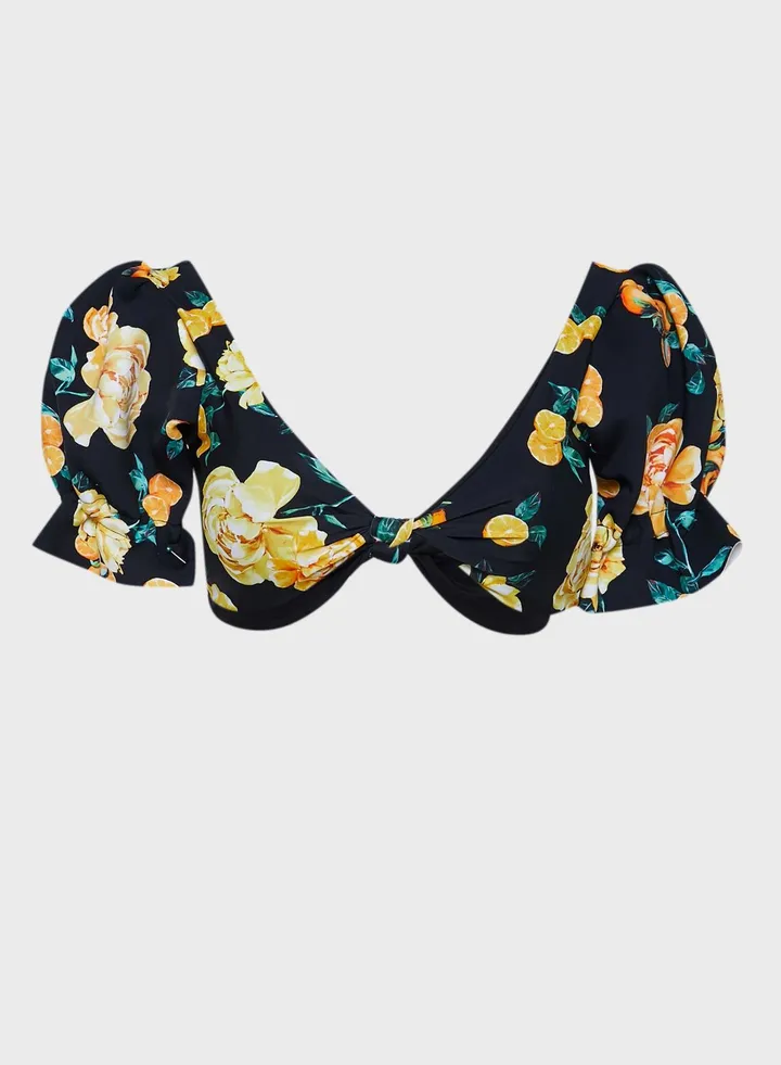 Floral Knot Puff Sleeve Bikini Top