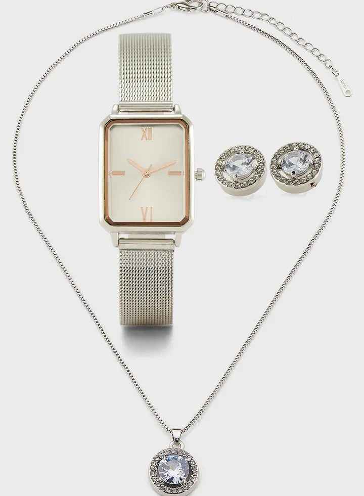 Rectangular Chain Strap Watch, Earrings And Necklace Gift Set