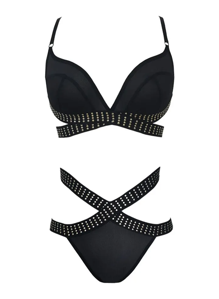 Criss Cross Rivet Decor Beach Bikini Set Black