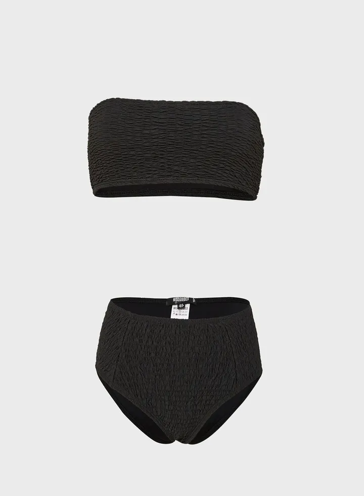 Crinkle Bandeau Bikini Top & High Leg Bottoms