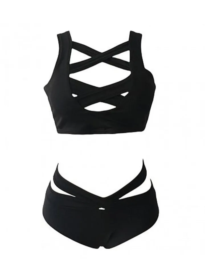 2-Piece V-Neck High Waist Bandage Bikini Set Black