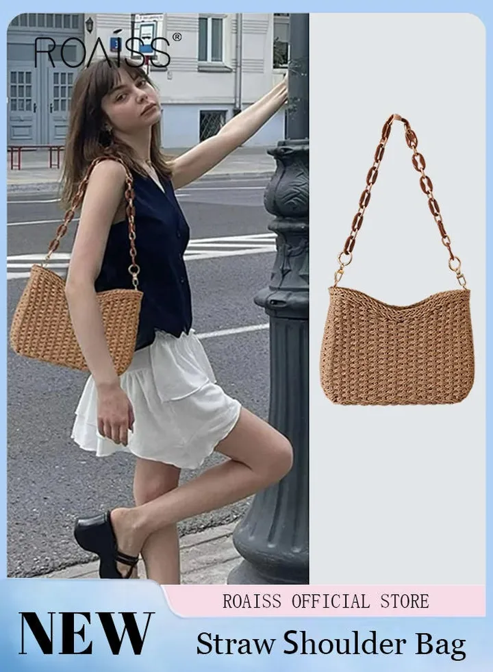Women Straw Woven Shoulder Bag Summer Beach Travel Crossbody Handbag Classics Satchel Purse Woven Handbags Women Straw Tote Bag with Zip