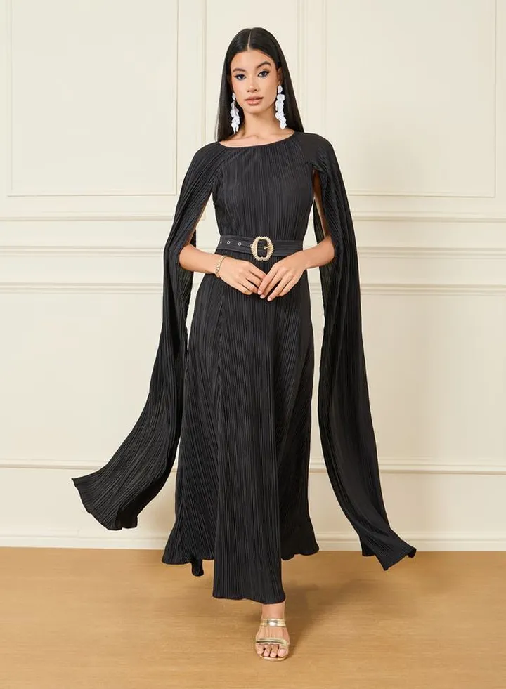 Plisse Slit Sleeve Embellished Belt Maxi Dress 