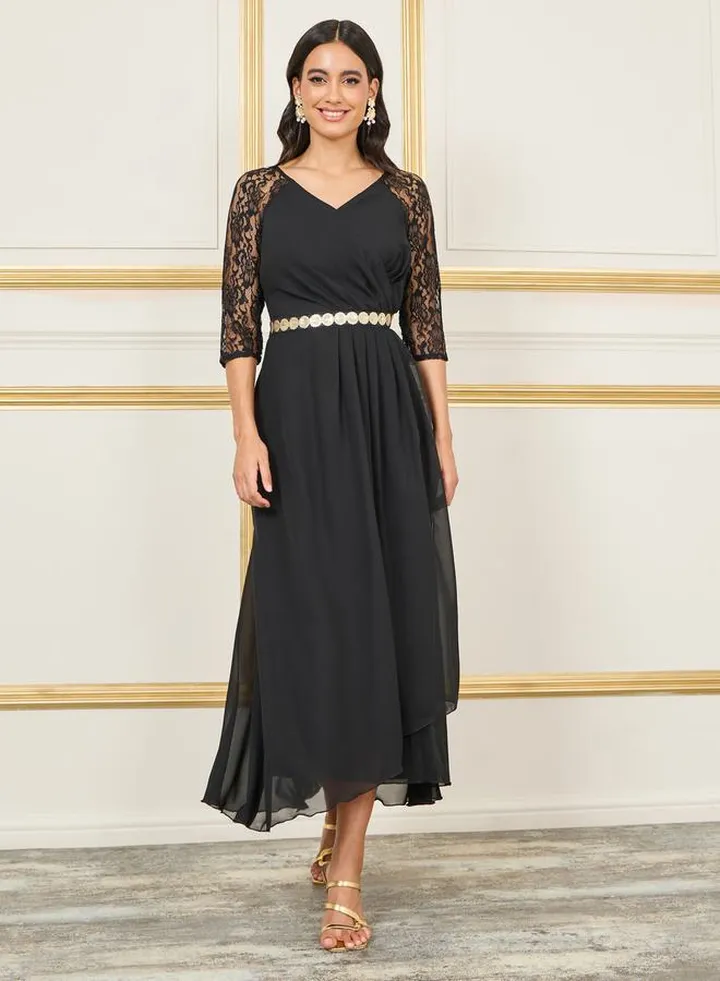Sequin Detail Waist Lace Sleeves Pleated A-Line Maxi Dress