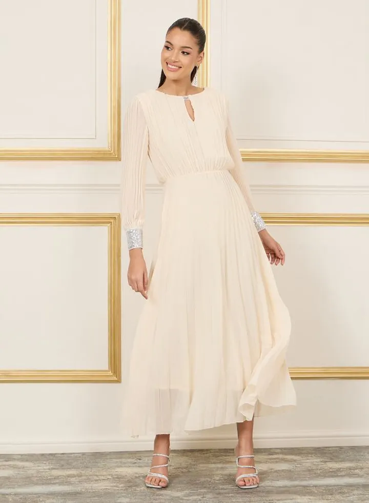 Sequin Cuffed Sleeves Pleated A-Line Maxi Dress 