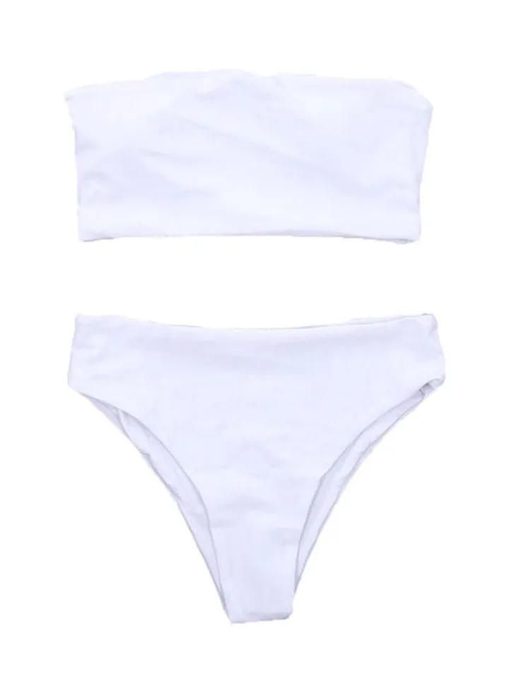 2-Piece Padded Tube Top High Waist Panties Bikini Swimwear White