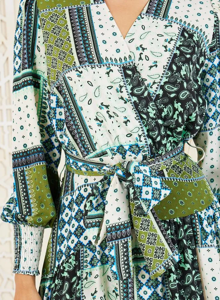 Patchwork Print A-Line Wrap Maxi Dress