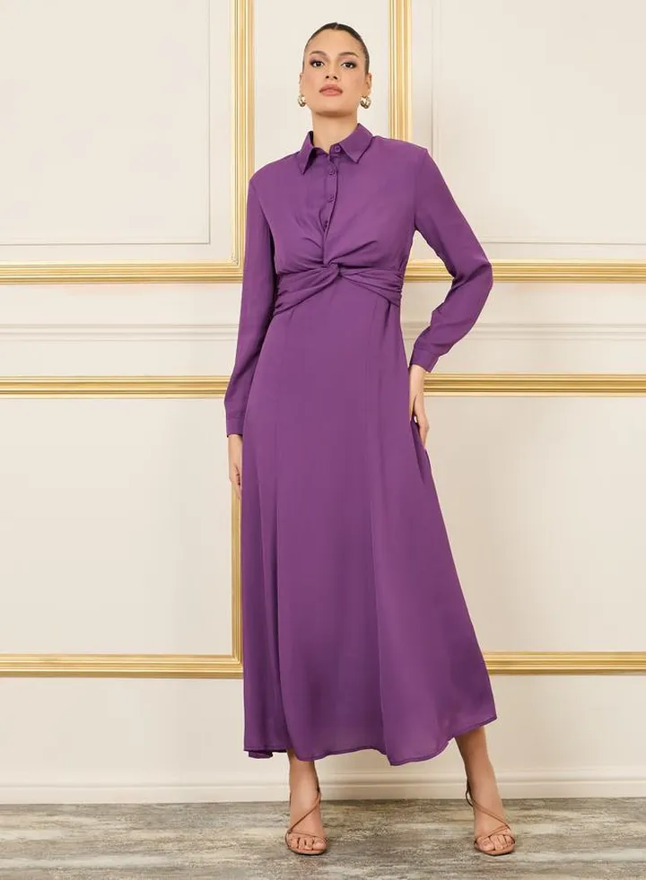 Front Twist Collared A-Line Maxi Dress