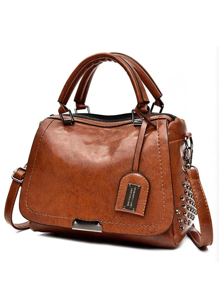 Women's Shoulder Bag, Vintage Rivet Oil Wax Leather Handbag, Vintage Casual Shoulder Crossbody Bag - Brown