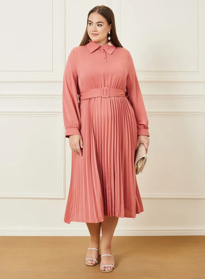 Pleated Hem Belted Midi Dress