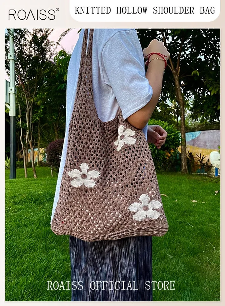 Women's Shoulder Bag Tote Bag Flower Pattern Knitted Bag Hollow
