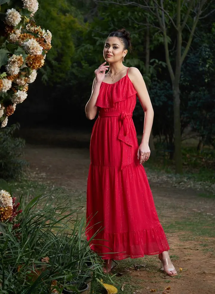 Lurex Strappy Ruffle Tiered Maxi Dress