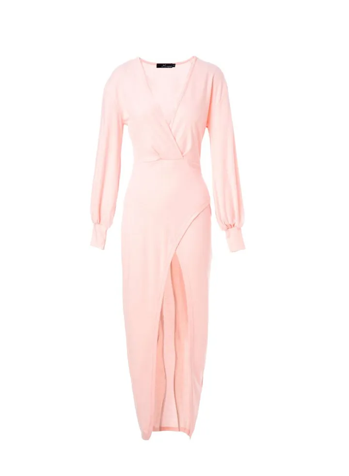 Women V-Neck Long Sleeve Evening Maxi Front Split Party Dress Pink