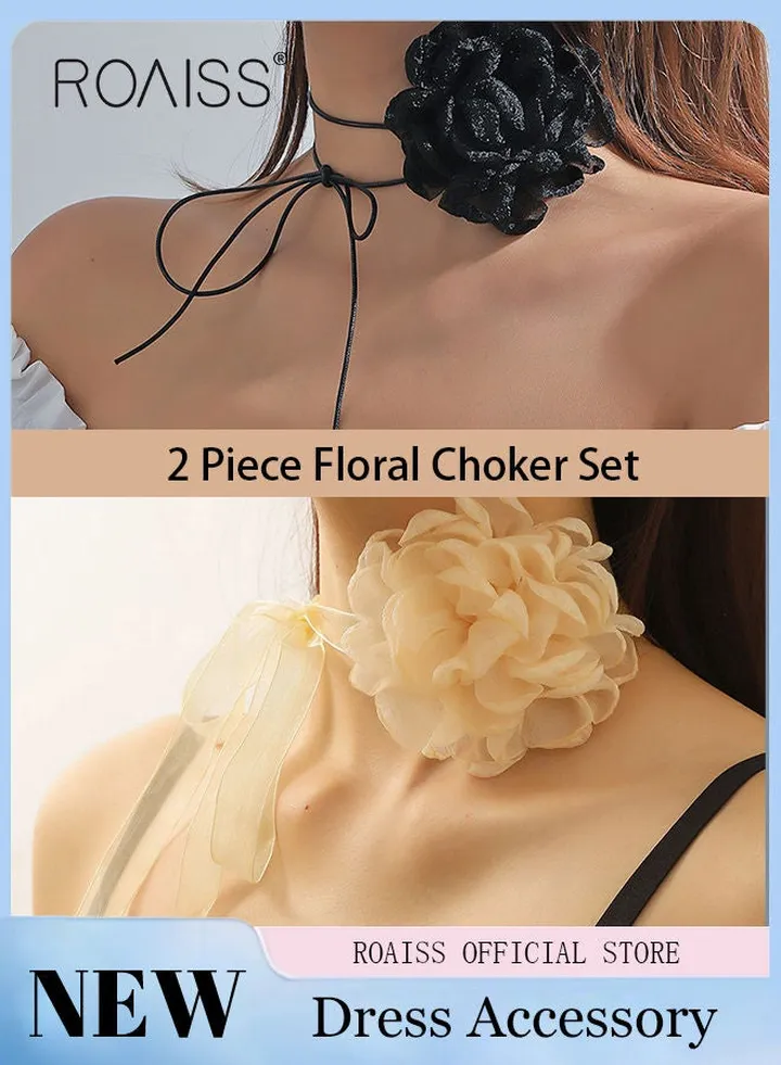 2 Piece Set Flower Collar Choker Necklace Long Strap Tie Necklace Neck Chain Wedding Jewelry Gift for Women Teens Girls Lace Flower Choker Necklace Ribbon for Women Lace Necklace