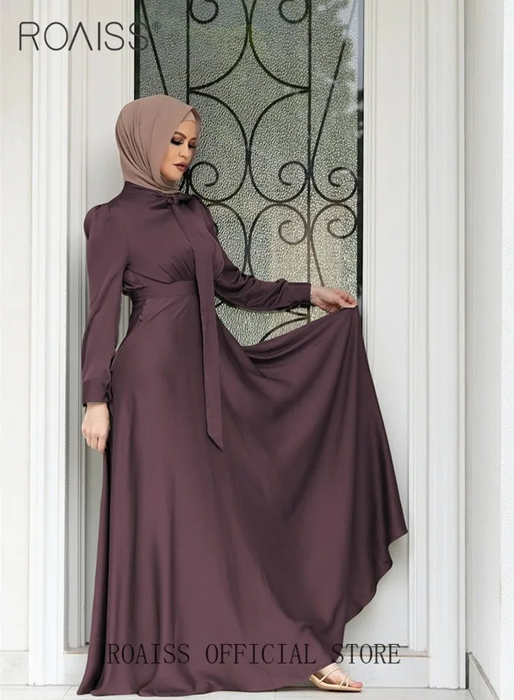 Women's Silk Dress Satin Long-Sleeved Dress Fashion Large Hemline High Waistline Trailing Floor