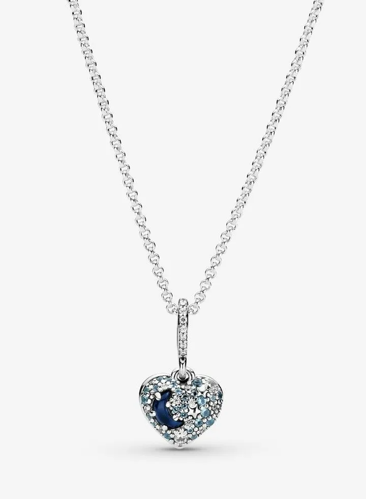 Sparkling Blue Moon & Stars Heart Women's Necklace for Pandora Moments 399232C01-50