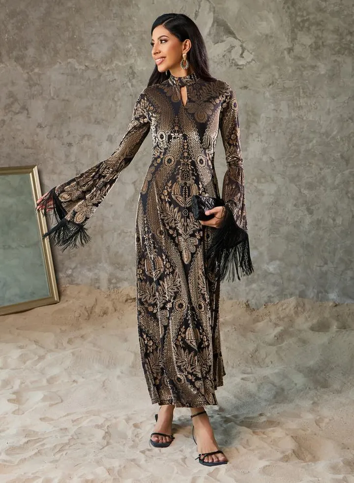 Velvet Boho Print Tassel Trim Sleeves A-Line Maxi Dress