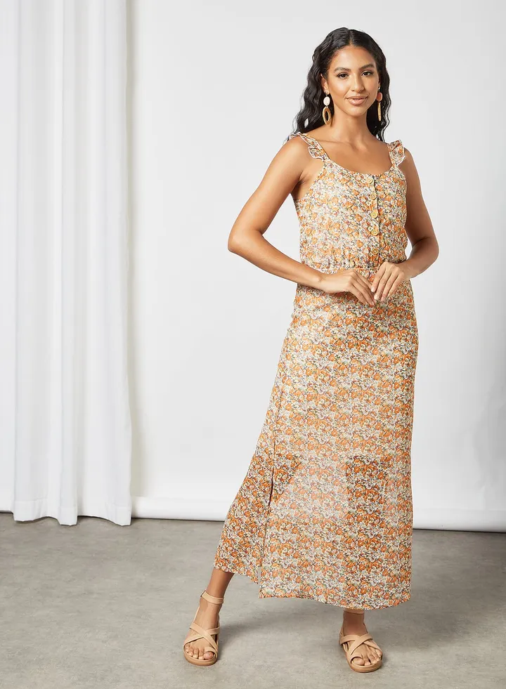 Casual Long Evening Maxi Dress Orange/Grey/White