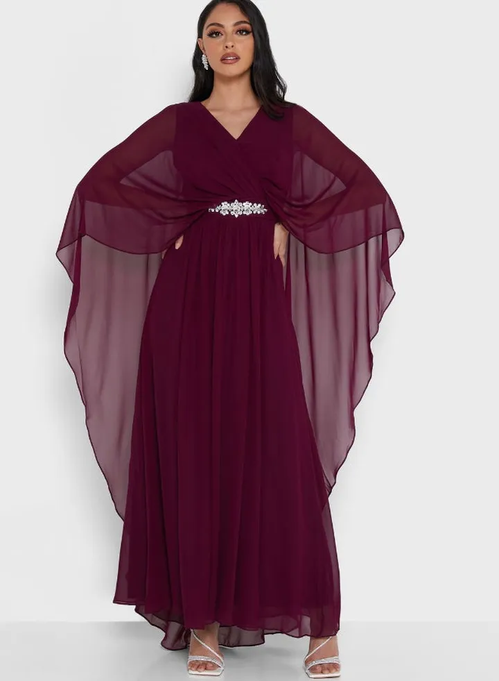 Embellished Waist Detail Cape Sleeve Maxi Dress Burgundy